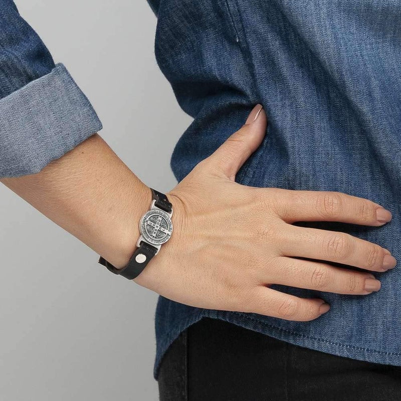 Intercession St Benedict Genuine Leather Protection Bracelet - Made in Brazil (Medium - Black) - Image 4